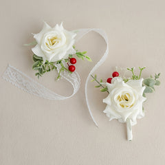 2pcs FANGSEN Artificial Rose Bridal Bouquets Bohemian Style with Lace Ribbon