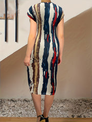 Colorblock Stripe Print Cap Sleeve Midi Dress