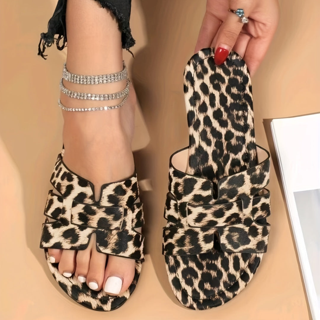 Leopard Flat Slides Open Toe Slip On Shoes