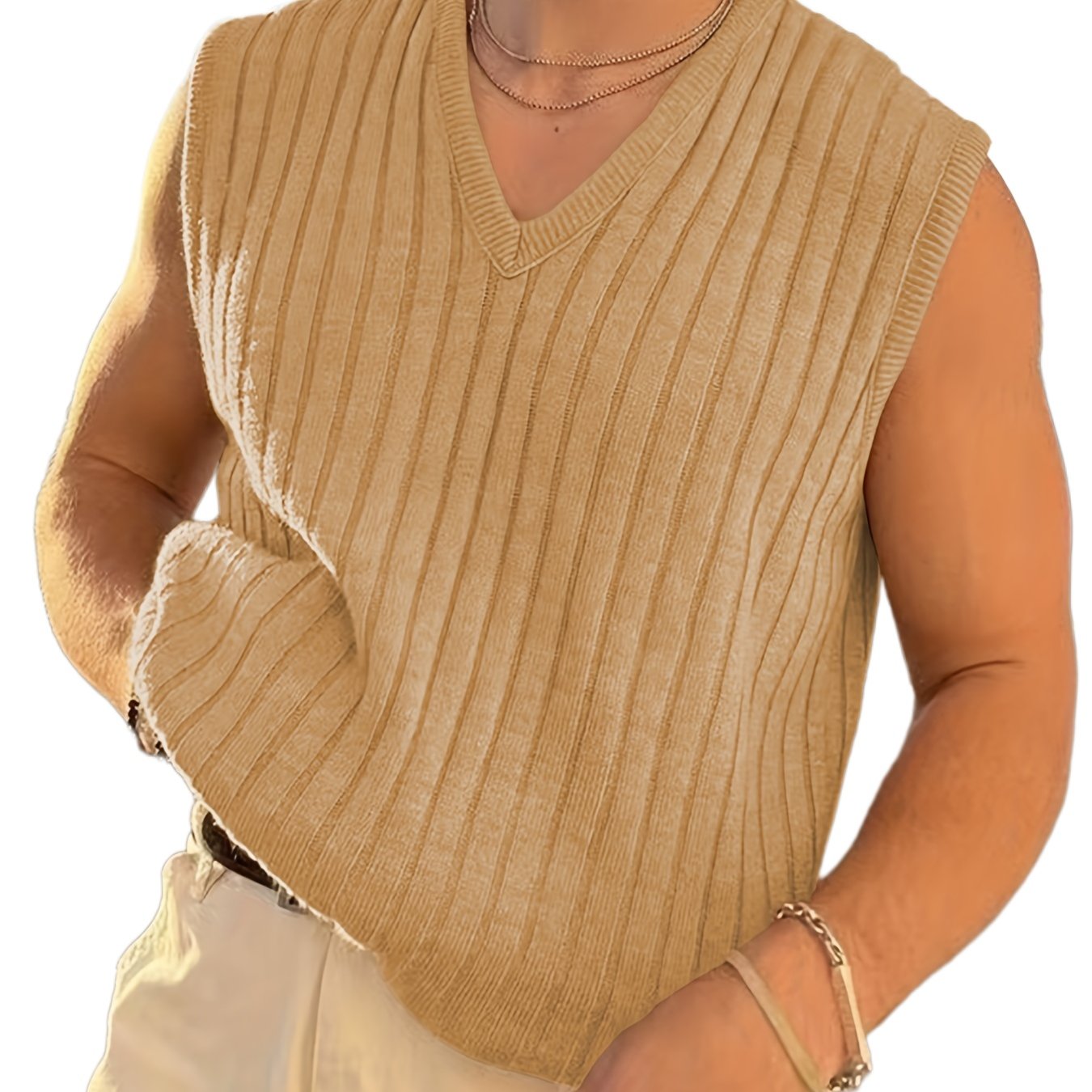 Men's Retro Style V Neck Knitted Vest in Stripe Textured Pattern