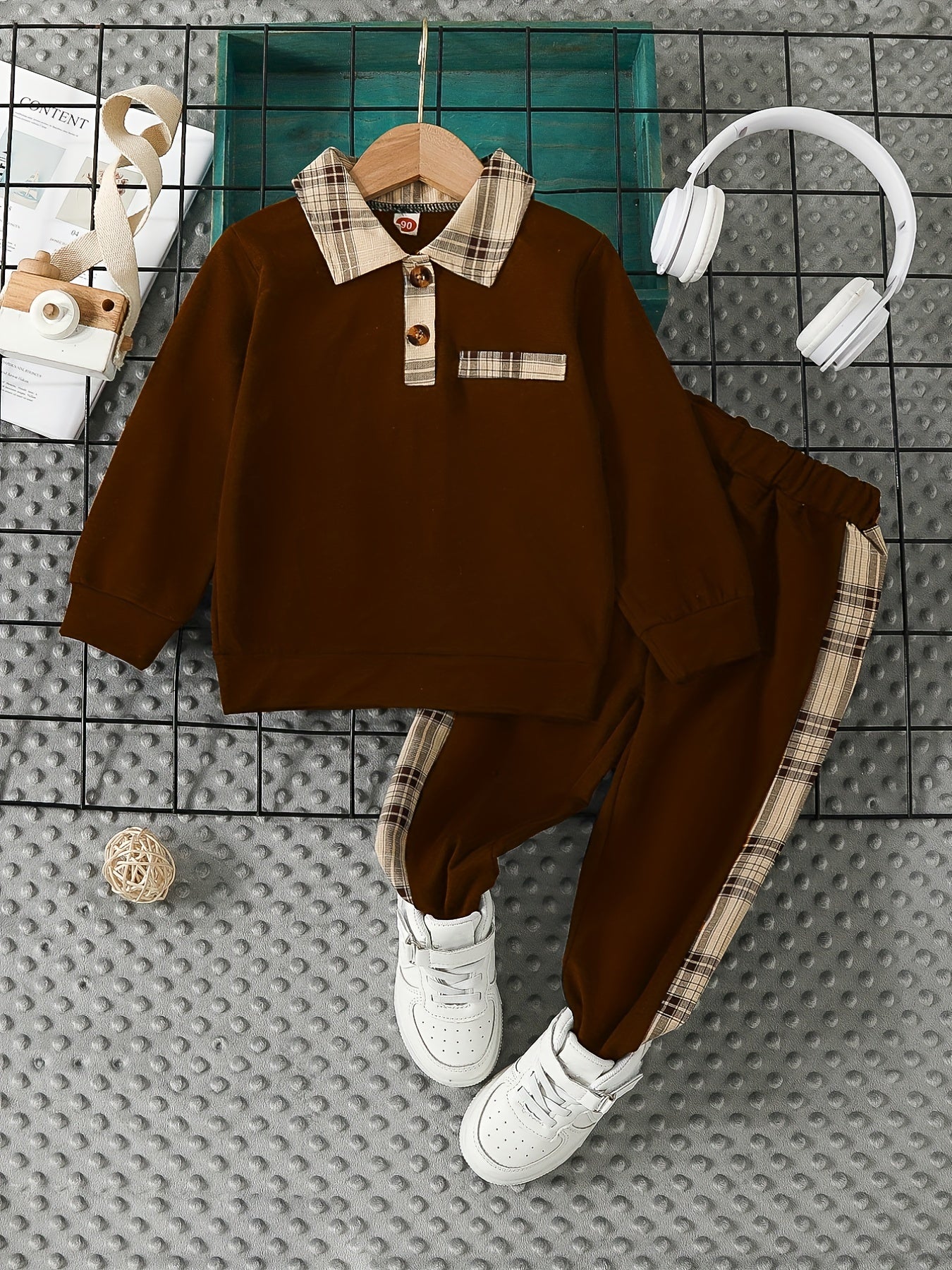 2pcs Boys Plaid Long Sleeve Sweatshirt&Sweatpants Sets Kids Clothes