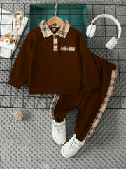2pcs Boys Plaid Long Sleeve Sweatshirt&Sweatpants Sets Kids Clothes
