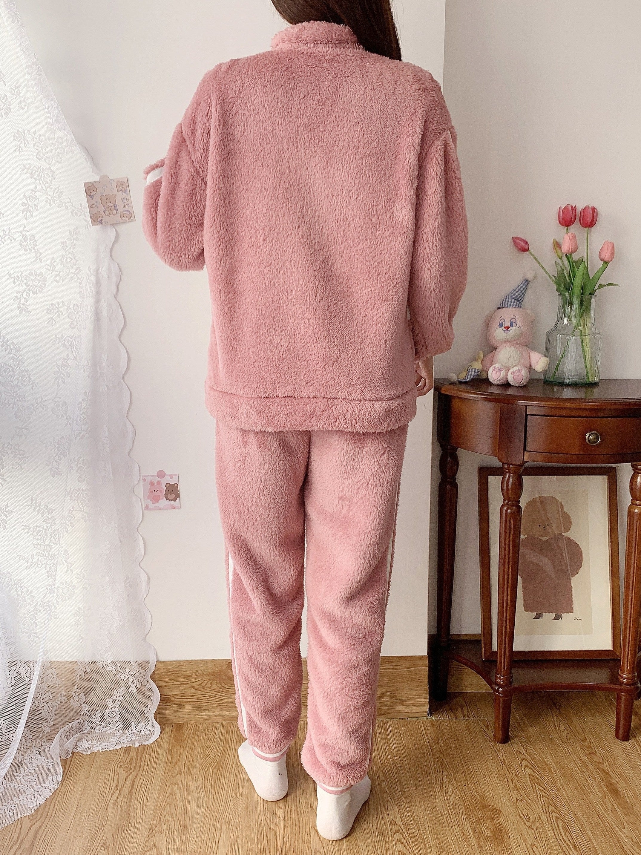 Heart Print Fuzzy Lounge Set Zipper Top & Pants