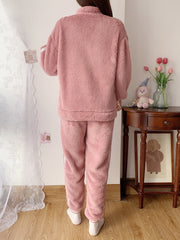 Heart Print Fuzzy Lounge Set Zipper Top & Pants