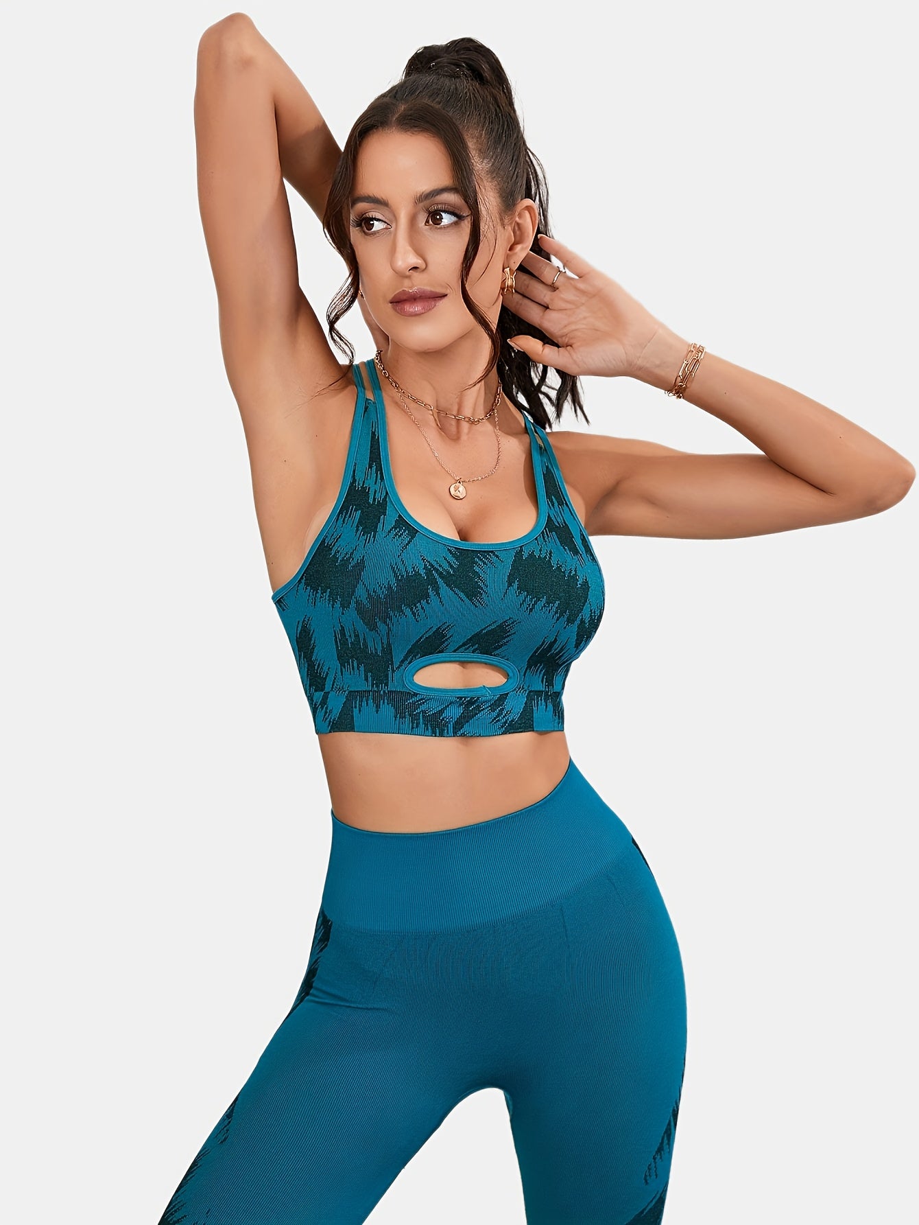 Print Hollow Yoga Fitness Bra & High Waist Hip Lift Fitness Leggings