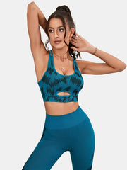 Print Hollow Yoga Fitness Bra & High Waist Hip Lift Fitness Leggings