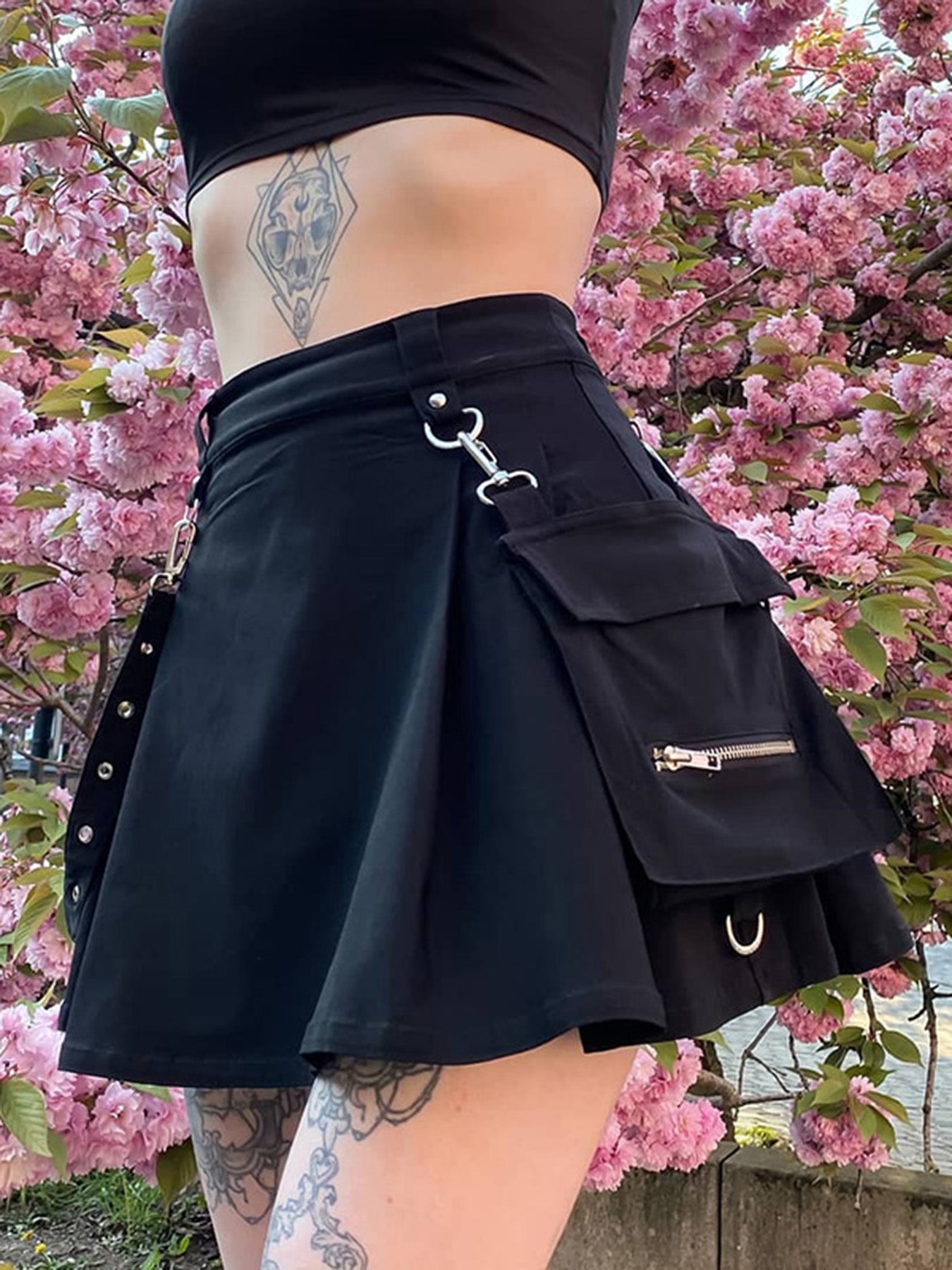 Solid Mini Skirt Flap Pocket High Waisted Skirt