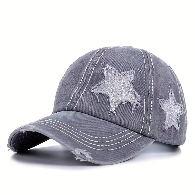 Glitter Star Ripped Baseball Cap Distressed Dad Hats Women