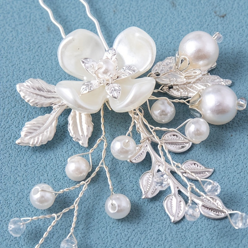 2pcs Leaf Faux Pearl Crystal Hairpin for Wedding Bridal Hair Access