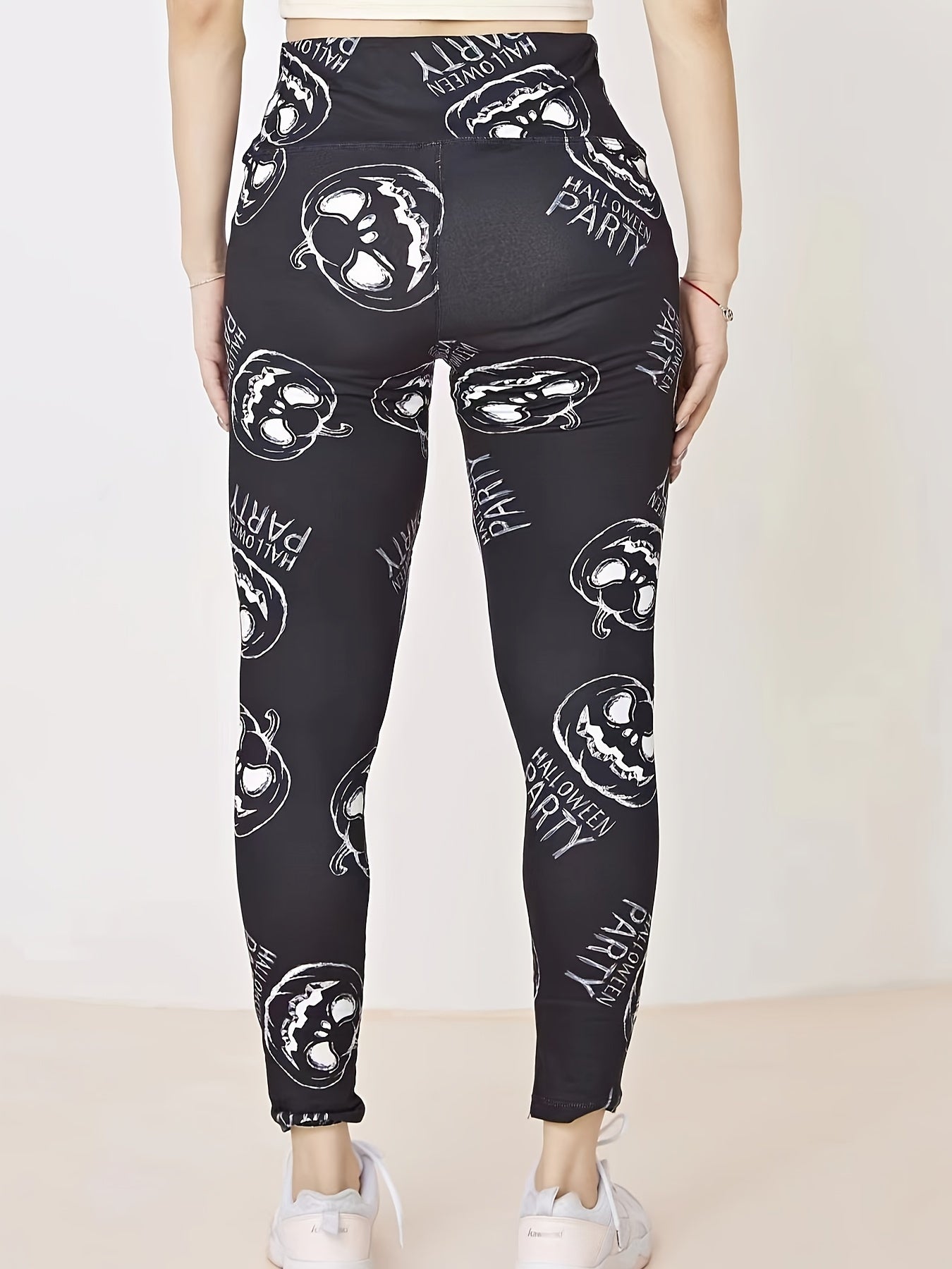 Halloween Sports Leggings Skull & Letter Print High Rise High Stretch