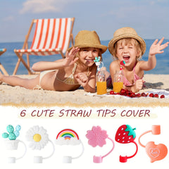 6pcs Silicone Straw Tips Covers- Flower & Fruit Shapes for Drinking