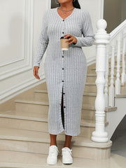Solid Ribbed Knit Long Sleeve Maxi Dress