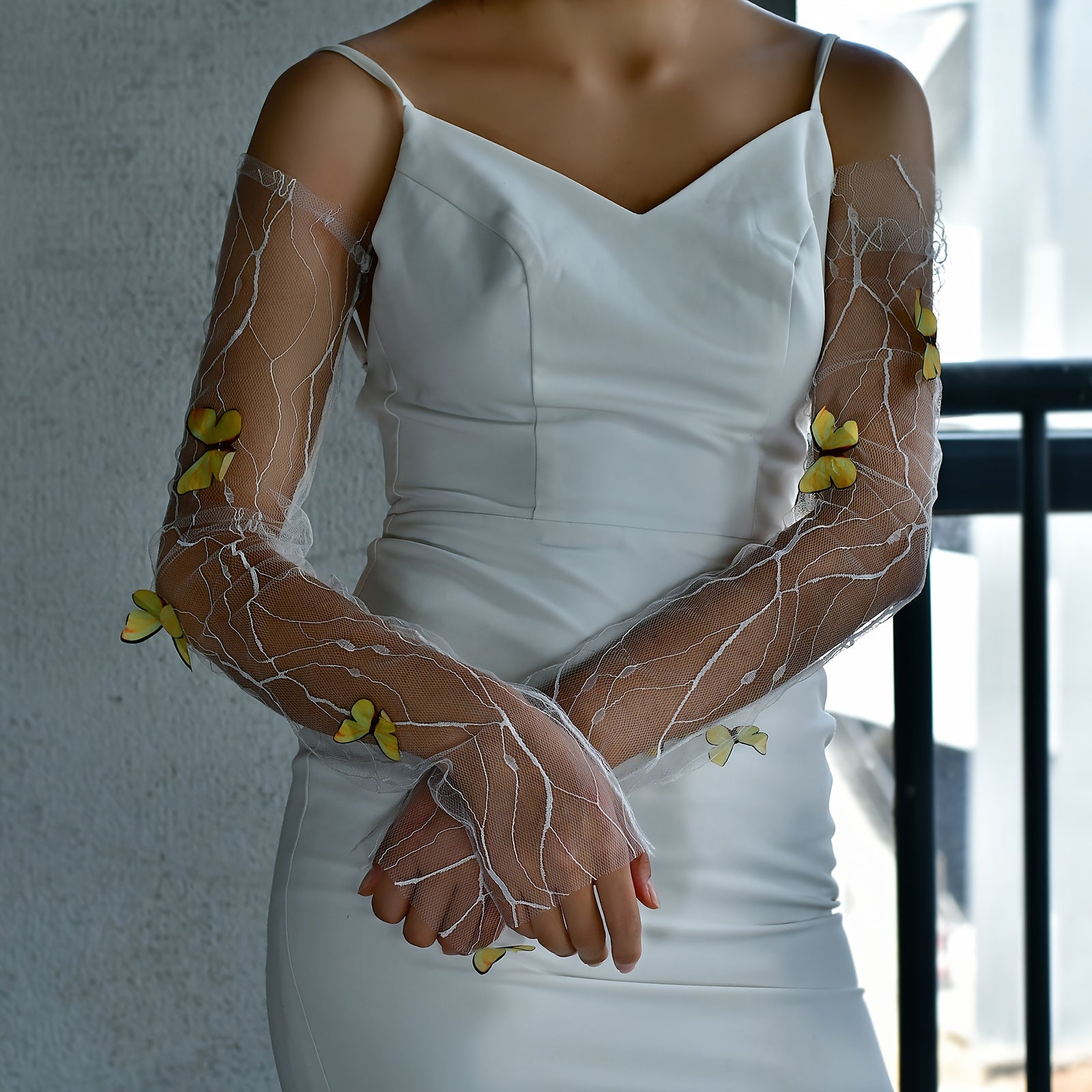 Yellow 3D Butterfly Bridal Sleeves Gloves Wedding Accessory Gift for Girlfriend