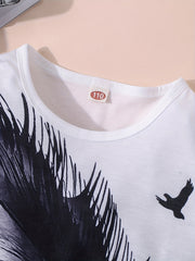 Boys Feather Graphic Casual Outfit T-shirt & Shorts Summer Clothes Set