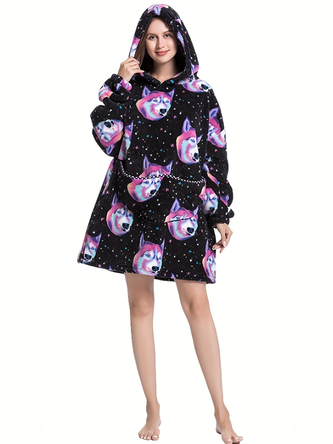 Dog & Star Print Flannel Hooded Wearable Blanket