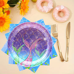 Mermaid Party Tableware Set for 20 Guests - Dinner Plates, Napkins, Tablecloth
