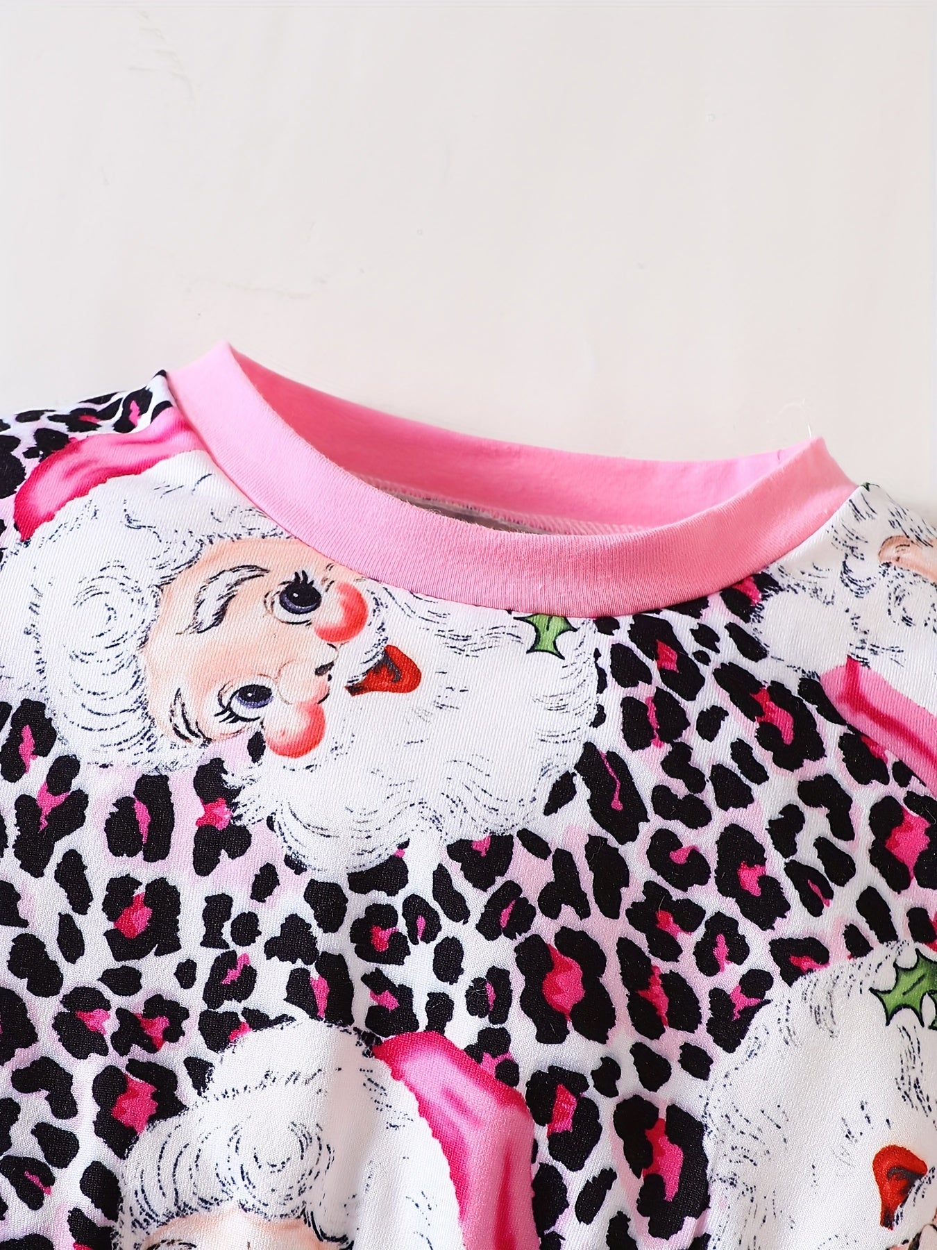 Pink Leopard Santa Dress For Girls Crew Neck Comfortable Fall Winter