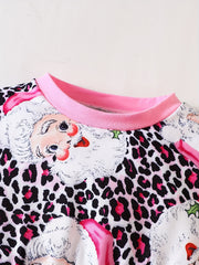 Pink Leopard Santa Dress For Girls Crew Neck Comfortable Fall Winter