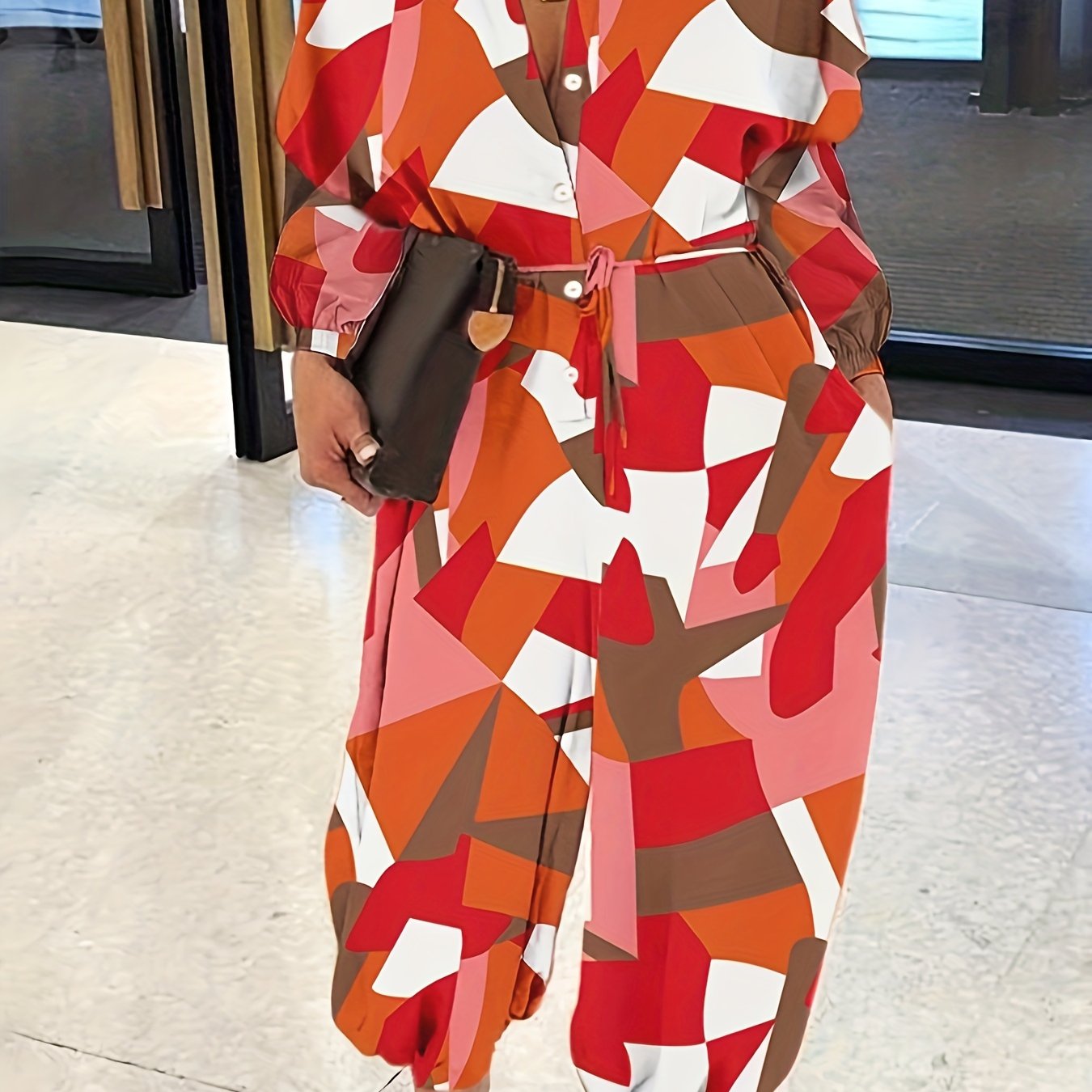 Colorblock Geometric Print Jumpsuit With Belt