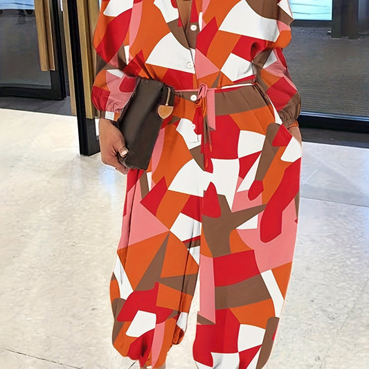 Colorblock Geometric Print Jumpsuit With Belt