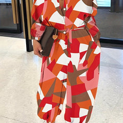 Colorblock Geometric Print Jumpsuit With Belt