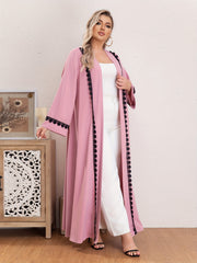 Boho Abaya Robe Contrast Lace Long Sleeve Open Front Dress