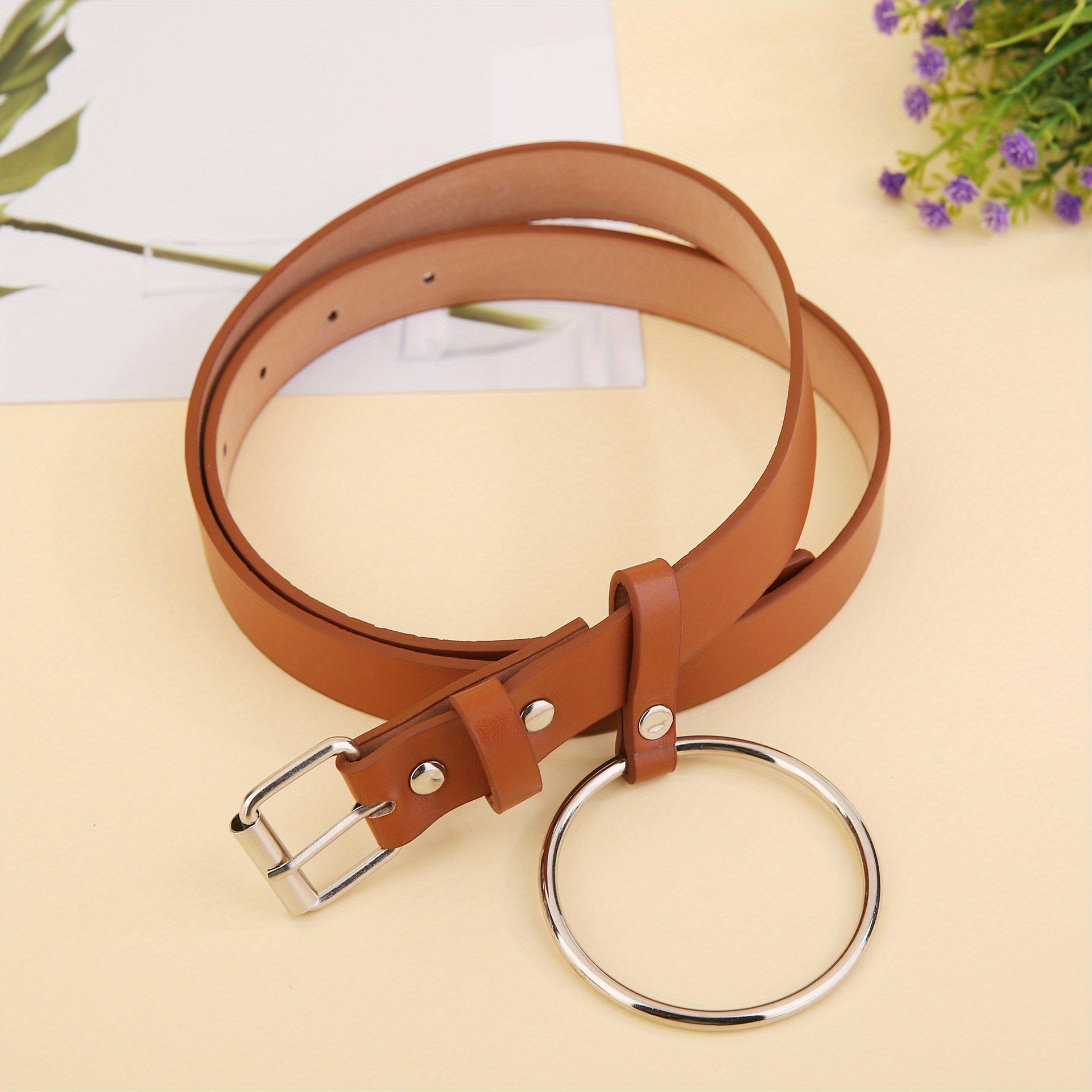 Square Pin Buckle Belt Big Ring Decor Casual Belt for Women