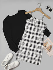 2 Piece Set Long Sleeve Top & Plaid Print Cami Dress Outfits