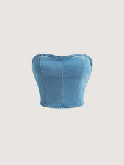Slim Fit Denim Tube Top Off The Shoulder Zip Back Denim Bandeau