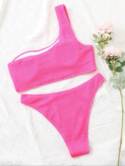 One Shoulder Bikini Set Embossed Striped Print High Cut Two Piece Swimsuit