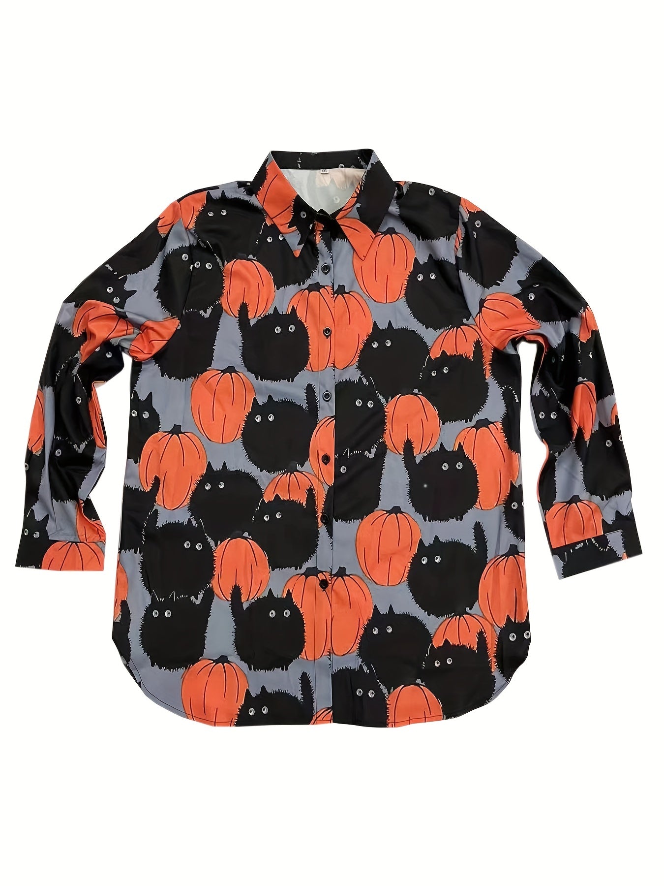 Halloween Blouse Women's Cat & Pumpkin Print Button Up