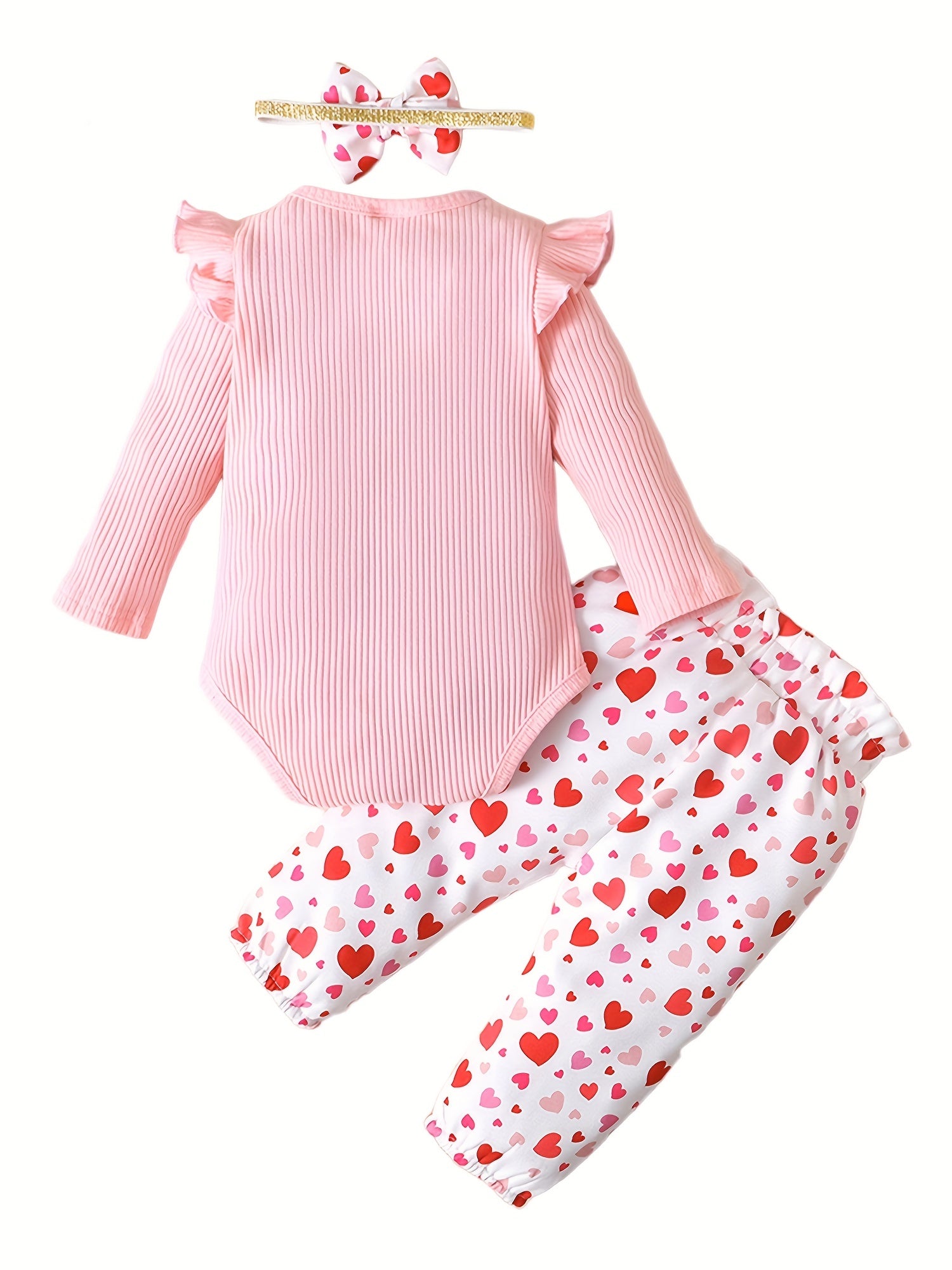 Baby Girl 3pcs Outfit Rabbit Graphic Romper & Trousers Set With Headband