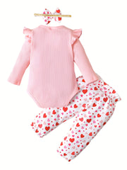 Baby Girl 3pcs Outfit Rabbit Graphic Romper & Trousers Set With Headband