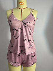 Heart Print Pajama Set Sleeveless Top & Shorts Women's Sleepwear