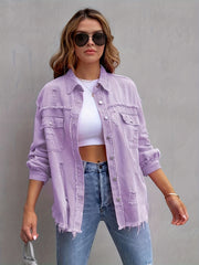 Oversized Denim Jacket Distressed Collar Long Sleeves Denim Coat