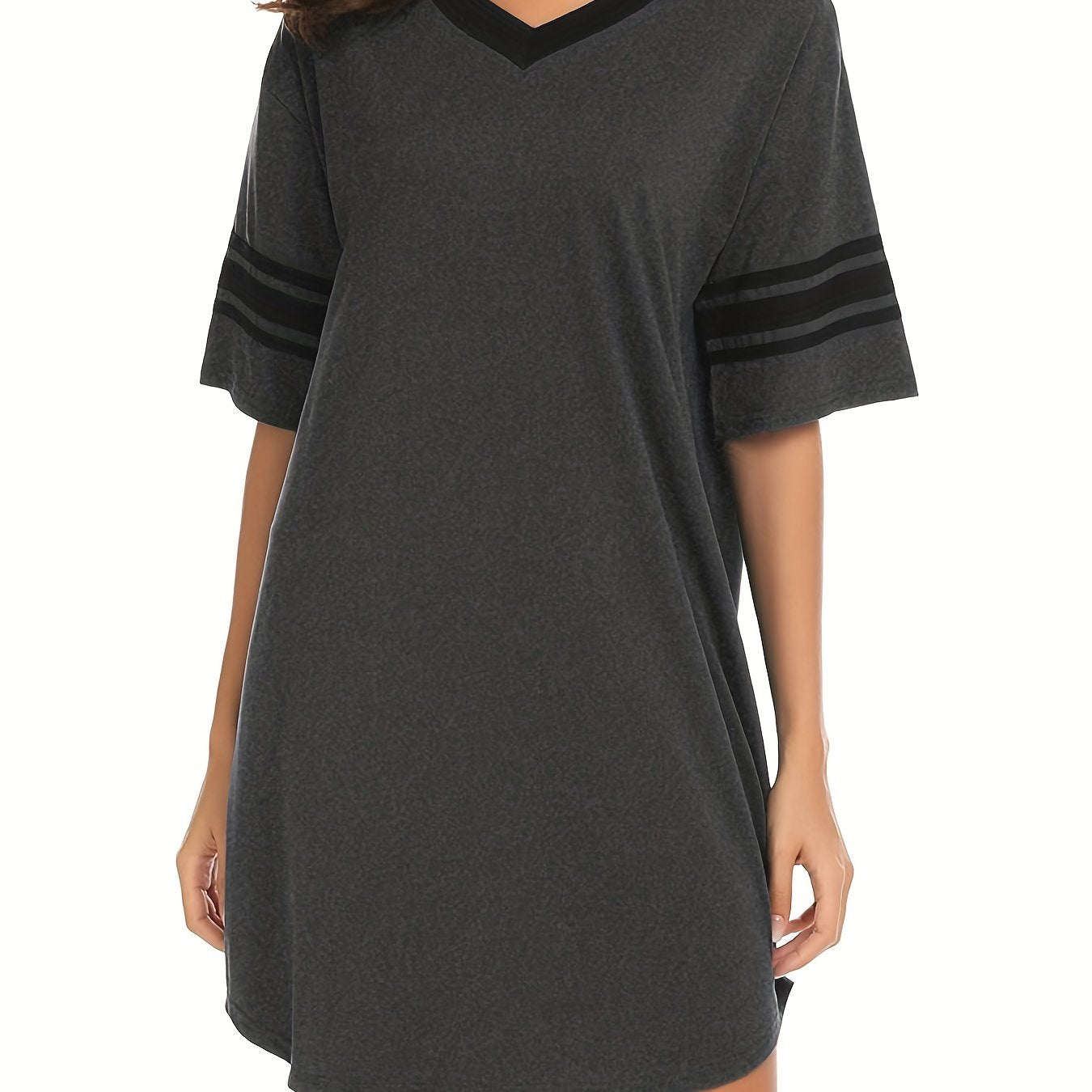 Striped Short Sleeve Lounge Dress Soft & Comfy V Neck Home Dress Women's Lounge