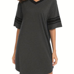 Striped Short Sleeve Lounge Dress Soft & Comfy V Neck Home Dress Women's Lounge