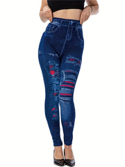 Denim & Ripped Print Leggings Casual Skinny Stretchy High Waist Leggings