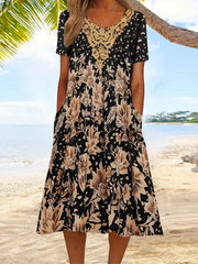 Floral Print Short Sleeve Midi Dress With Pockets