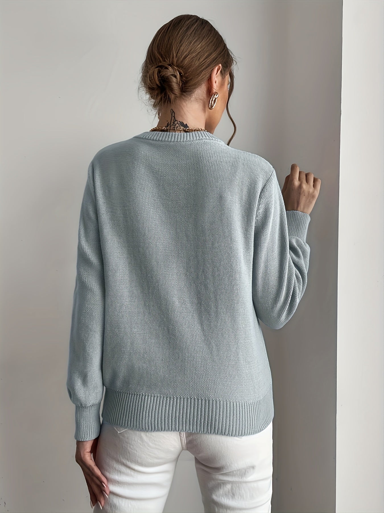 Solid Crew Neck Sweater Long Sleeve Loose Knit Sweater