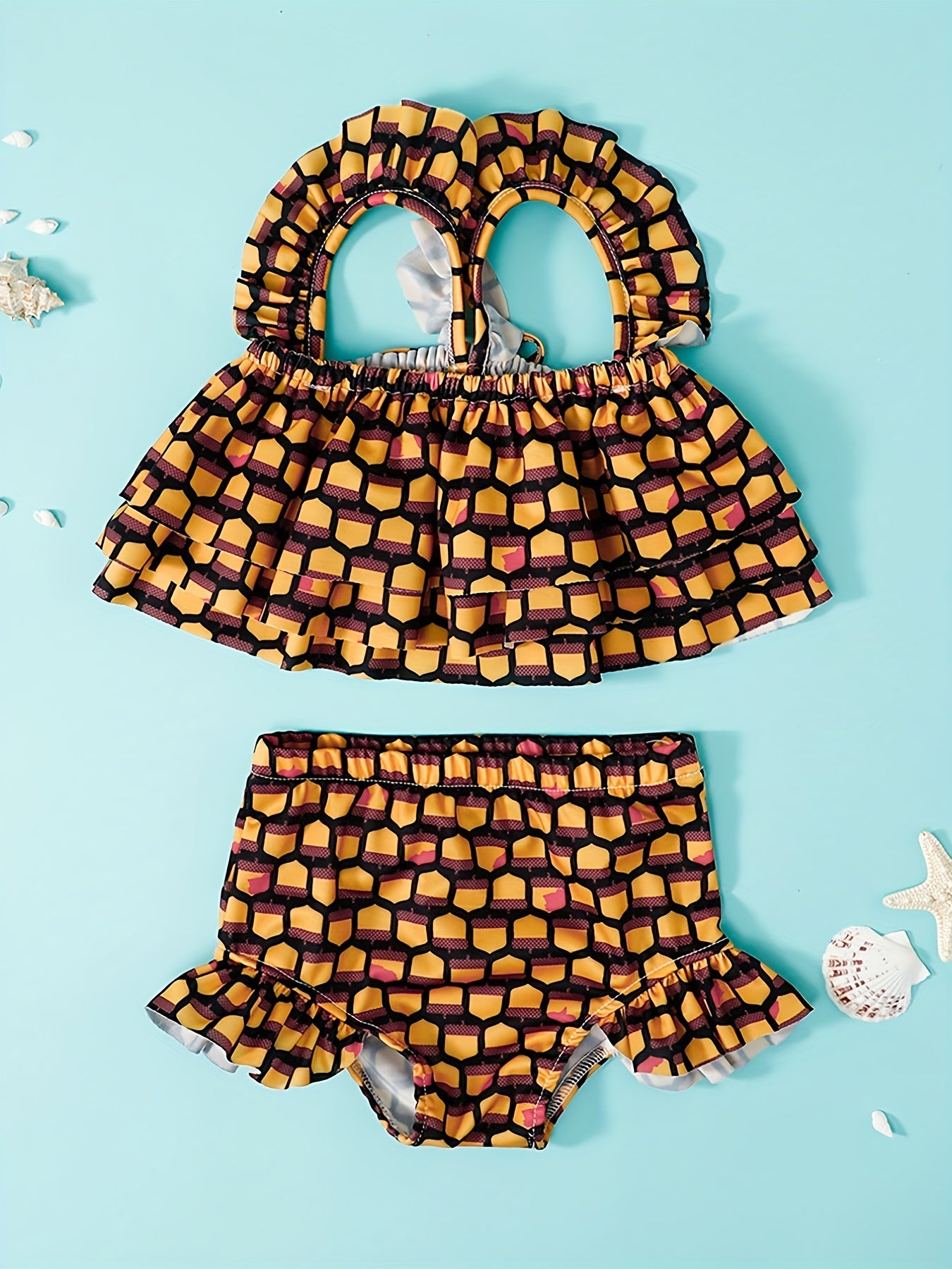 Baby Girls Print Swimsuit Set Ruffle Layered Crop Top Shorts 2pcs