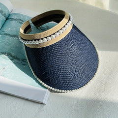 Faux Pearl Decor Visor Hat Solid UV Protection Straw Sun Hat