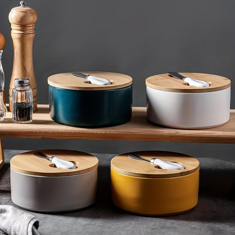 Large Capacity Ceramic Butter Box with Bamboo Lid