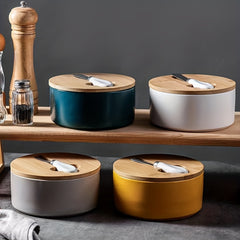 Large Capacity Ceramic Butter Box with Bamboo Lid