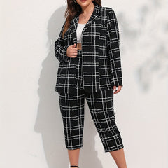 Grid Print Coat & Pants Suit Set