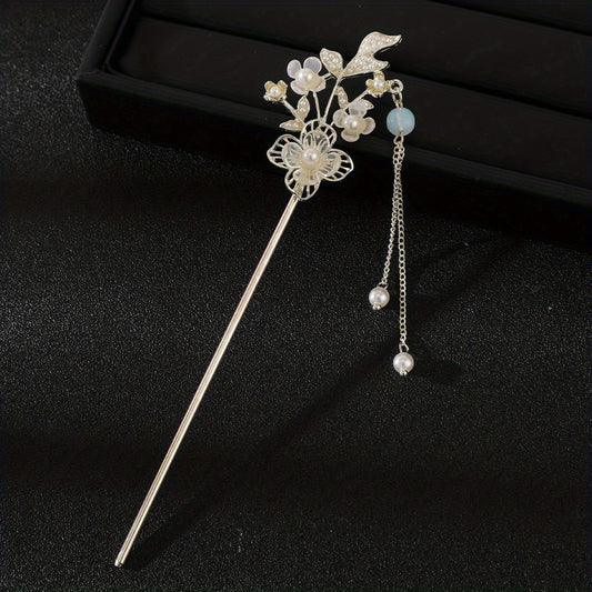 Flower & Tassel Decor Hair Pin Vintage Hair Bun Holder Headwear