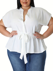 Casual Blouse Women's Plus Plain Button Short Sleeve
