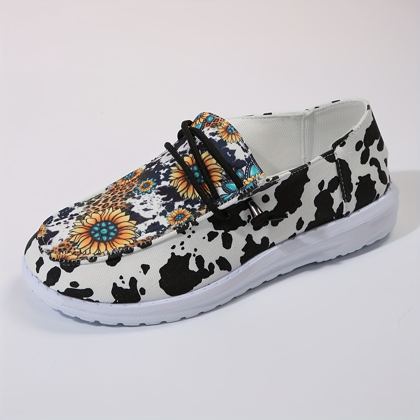 Sunflower Pattern Lace up Boat Shoes Low Slip on Flat Shoes Women