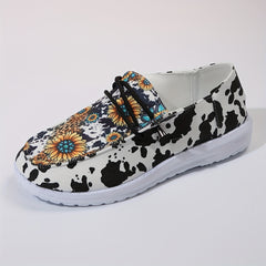 Sunflower Pattern Lace up Boat Shoes Low Slip on Flat Shoes Women