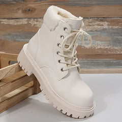 Women's Faux Leather Platform Snow Boots Plush Heel Ankle Combat Boots